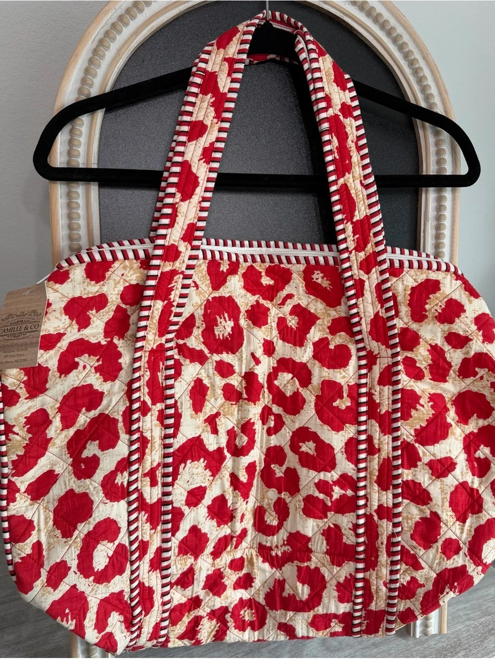 Red Leopard Quilted Zip Travel Tote Carry-All Boutique Lined Pickets Handle Bag